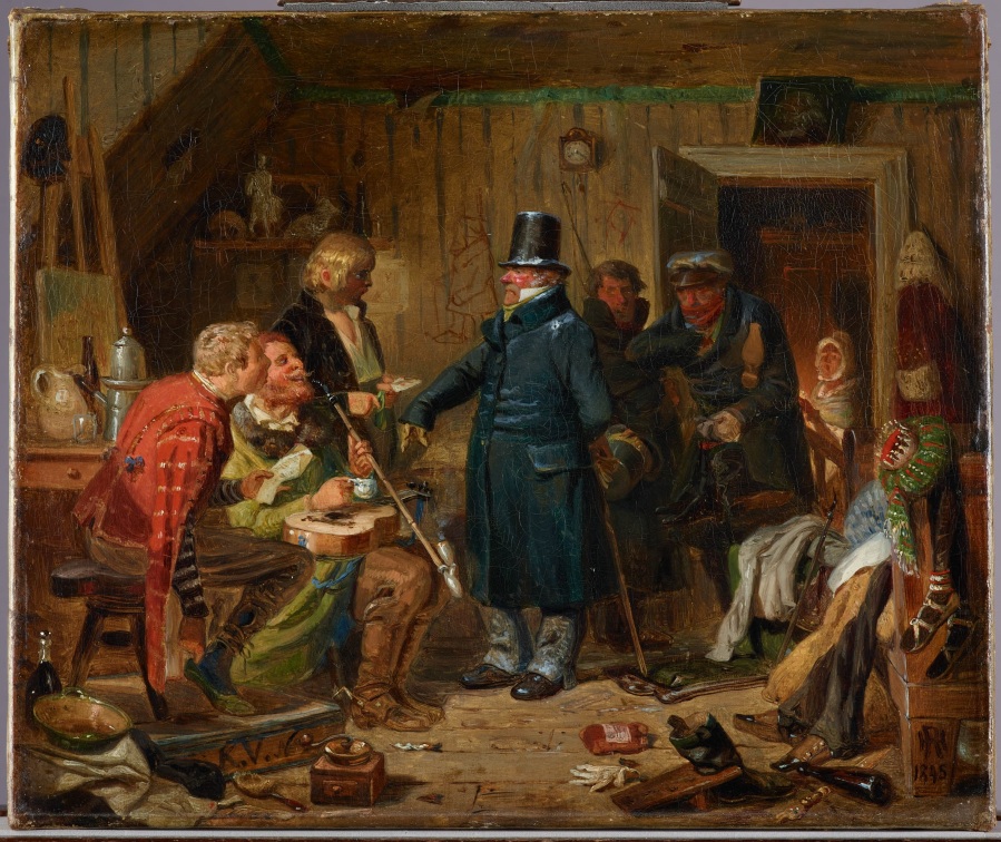 Zu sehen ist das Gemälde "Im Atelier" von Henry Ritter aus dem Jahr 1845. Es zeigt einen unordentlichen Raum, in dem mehrere Männer sitzen und stehen. In der Mitte steht ein Mann in Mantel und Gut. Die anderen Männer sind bunt und nachlässig gekleidet.