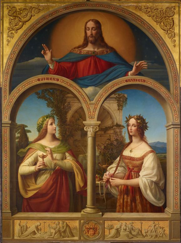 Hinter gemalten Rundbögen stehen zwei Frauen. Über den Rundbogen erscheint in einem Zwickelfeld der segnende Christus.
