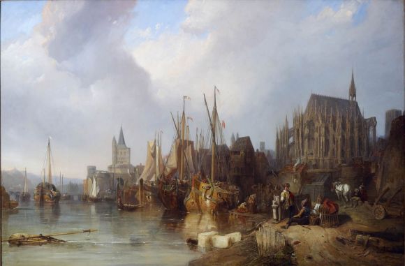 Ansicht eines Hafens mit Segelschiffen und einer Kirche im Hintergrund.
