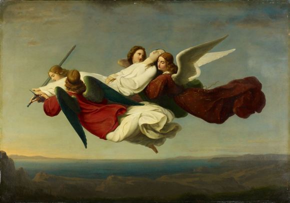 Über einer Küstenlandschaft schweben vier Engel, die eine tote Frau tragen.