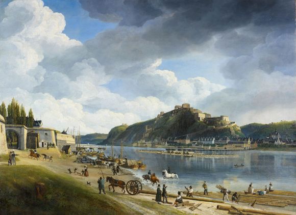 Ansicht des Rheins bei Koblenz. Links eine Uferszene mit Arbeitern und Reitern. Im Hintergrund eine Architektur auf einem Hügel.